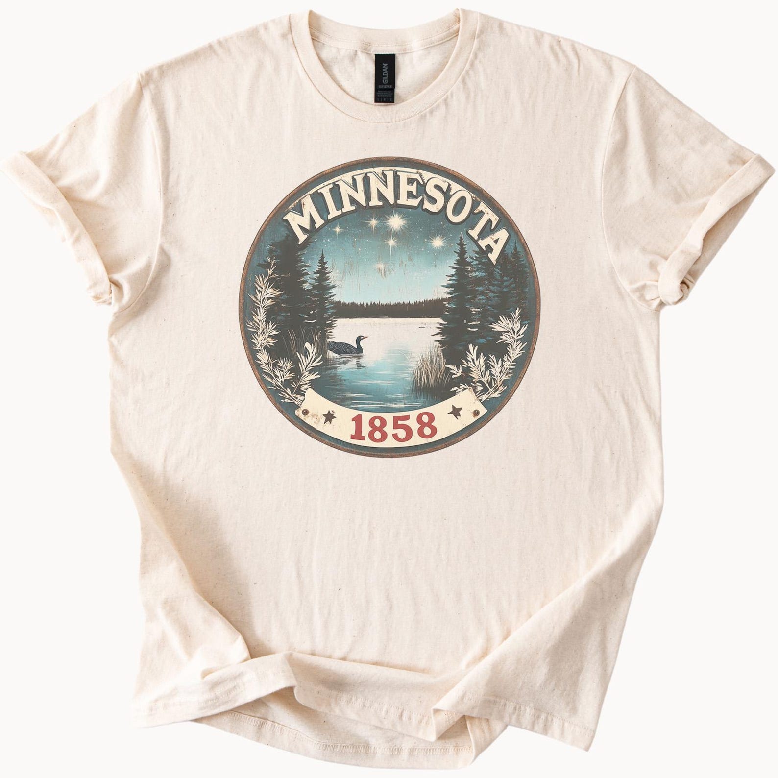 Minnesota Graphic T Shirt 1858 Statehood Nature Scene Loon Lake Pine Trees Stars Outdoors Minnesota Gift Souvenir Tee Shirt 140