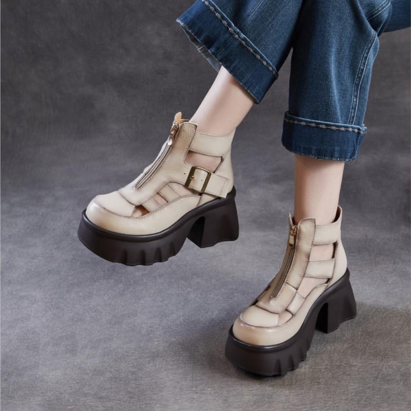 Johnature Sandale Romane Retro Piele Naturală Platformă Groasă Fermoar Botine Decupate Femei