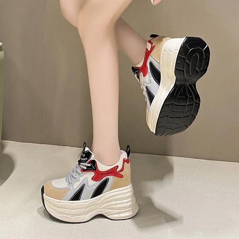 Fashion 11CM Women Casual Leather Sneakers Autumn High Platform Shoes Thick Soles Sports Dad Shoes Woman Chunky Sneakers Chaussure Femme