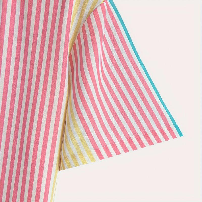 Summer Men's Colorful Striped Pattern Short Sleeved Slim Fit Shirt with Casual Button Collar Suitable for Beach and Daily Wear