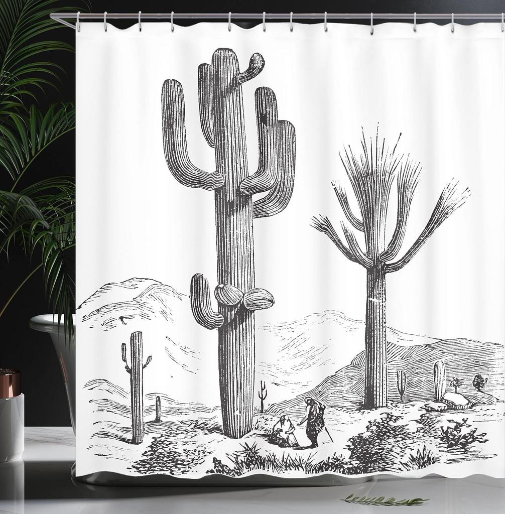 Cactus Shower Curtain, Sketchy Hand Drawn Print Of Desert Plants With Mexican Travellers Image, Cloth Fabric Bathroom