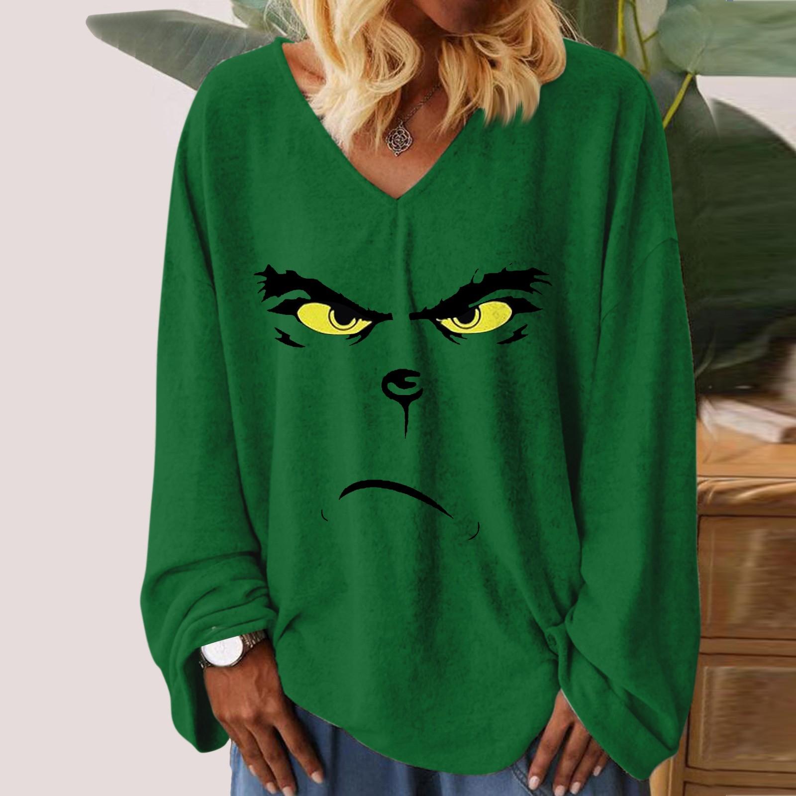 

Женская свободная футболка с v-образным вырезом и рождественским принтом, длинными рукавами, топы с прямыми рукавами для женщин XXL