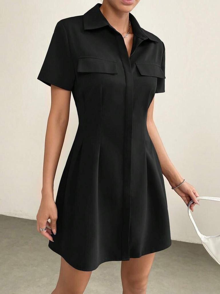 European and American Mid-length Pleated Waist Turn-down Collar Shirt Dress
