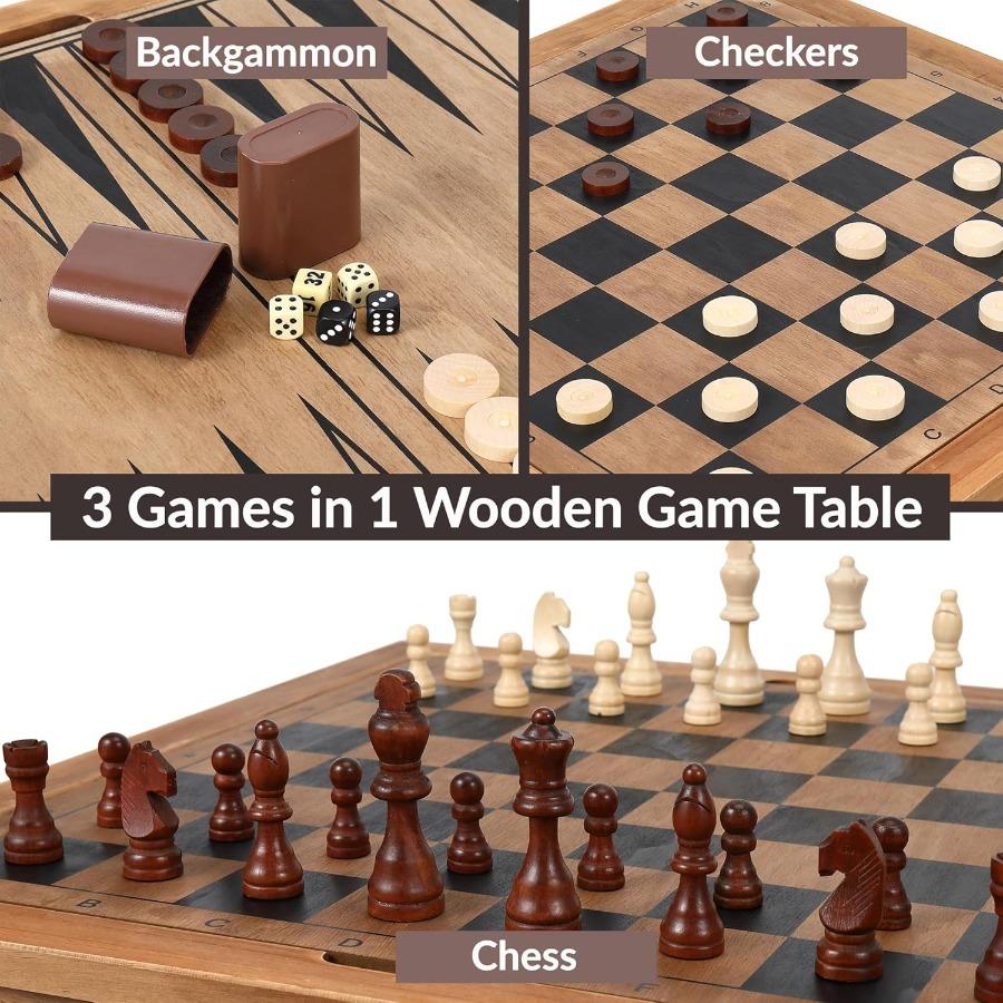 Games Wooden Chess Table Chess Checkers and Backgammon 3 In 1 Combo Game Table Furniture Set for Home Recreation 25 X 25 Compac