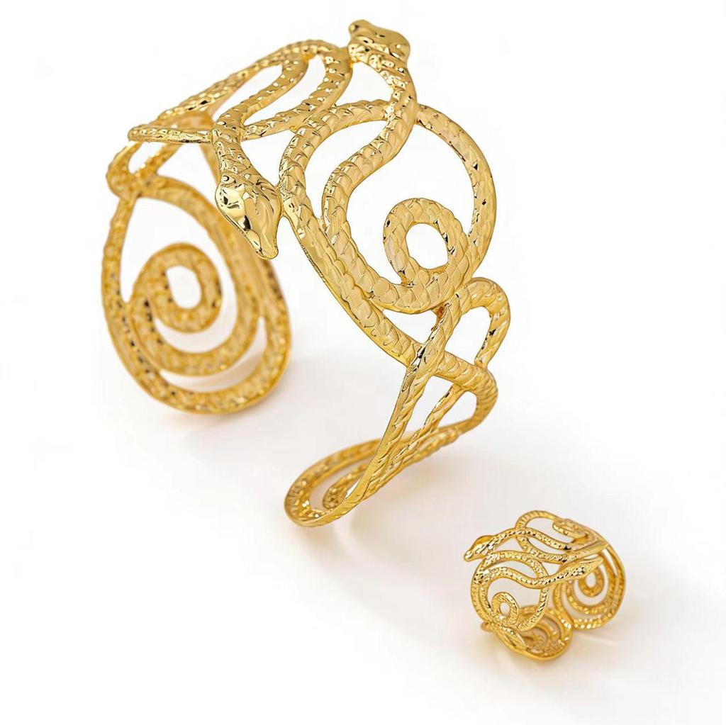 Gold Textured Adjustable Snake-Shaped Bracelet & Ring Set with Personalized Design