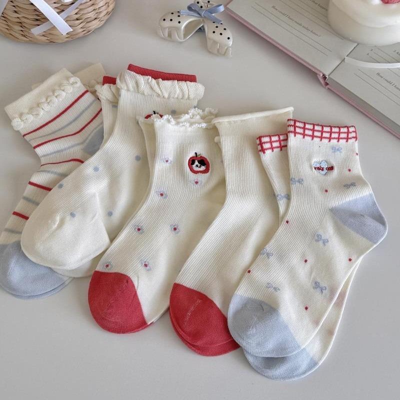 Cute Cartoon Boneless Socks for Children - Mid-length Short Socks for Spring and Summer, Lightweight Cotton Socks with Lace Trim