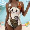 Women Plus Size Scoop Neck Wide Straps One Piece High Cut Swimsuit Halloween Cartoon Animal Pumpkin Printed