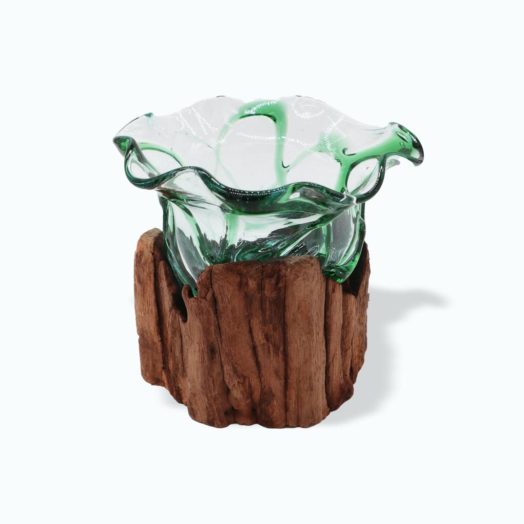 Molten Recycled Beer Bottle Glass Bowl On Wood