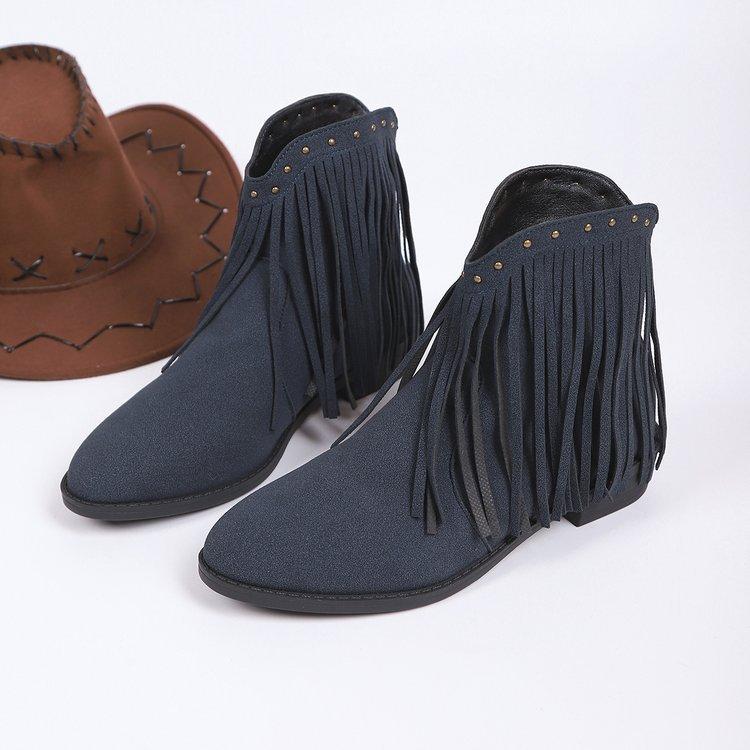 Women's New Vintage Nubuck Booties Women's Pointed Doc Martens Large Size Tassel Studded Western Cowboy Boots