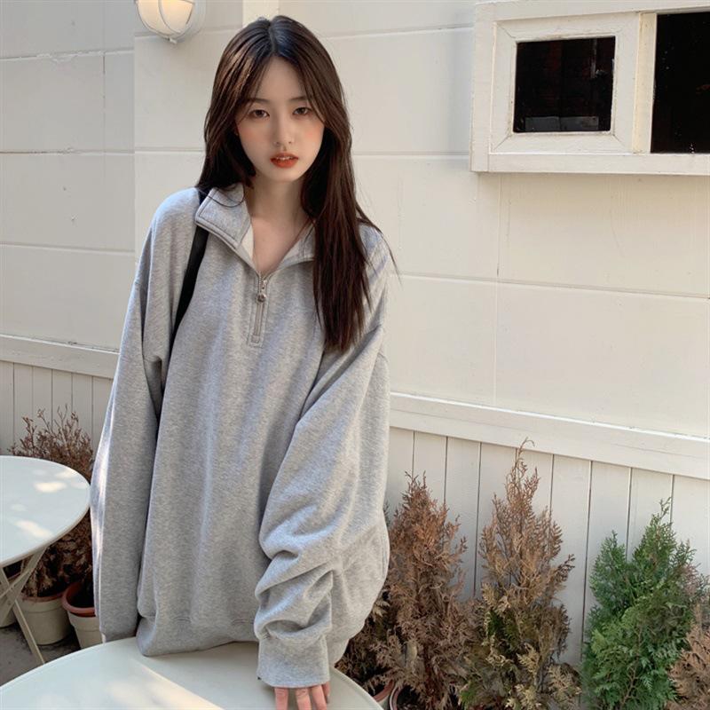 

Women s Gray Polo Collar Half-Zip Sweater - Korean Loose Fit, Lightweight Long Sleeve Top for Spring & Autumn. L [110-130 lbs]