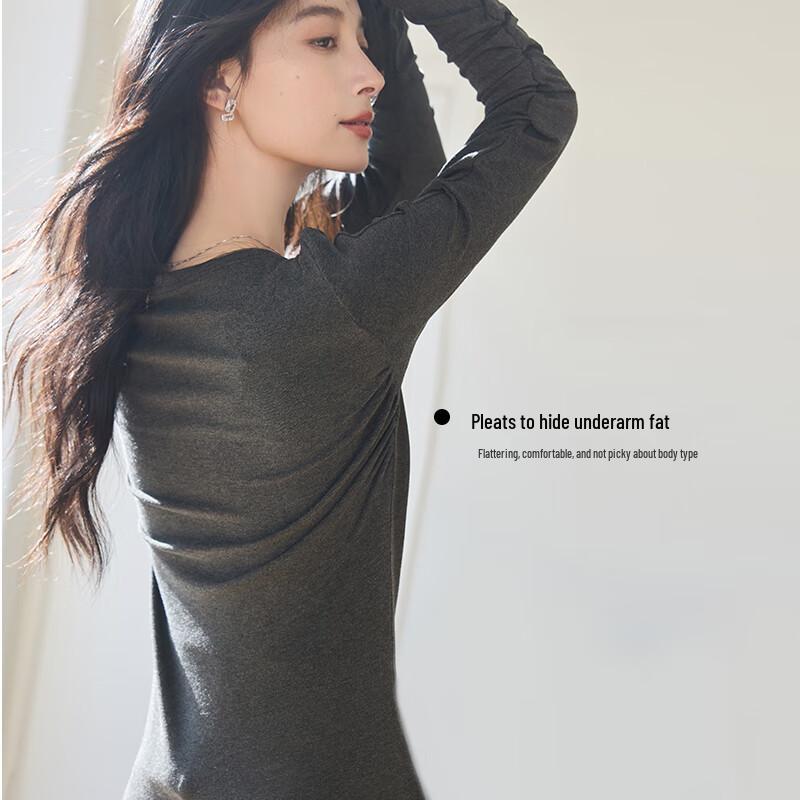 VICTORIA&VERA Women's Color-Block Pleated Faux Two-Piece Slim Long-Sleeve Top