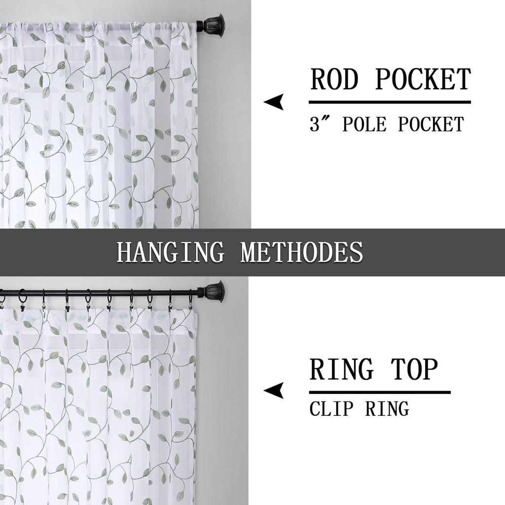 Tollpiz Leaves Short Sheer Curtain Sage Green Leaf Embroidery Living Room Curta Rod Pocket Voile Faux Linen Embroidered Leaves Curtain for Bedroom,