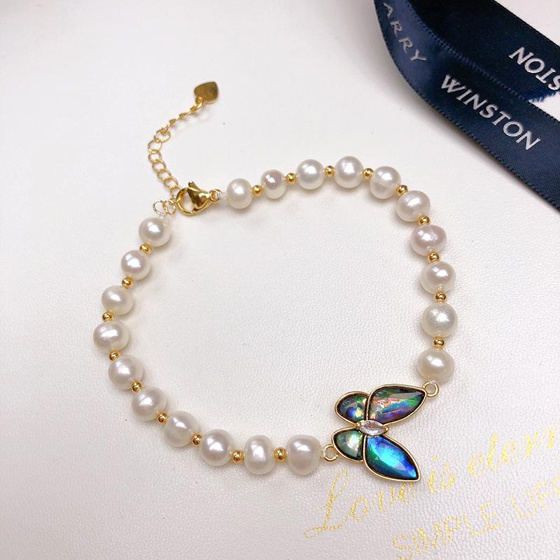 Elegant Freshwater Pearl Bracelet & Abalone Shell Butterfly Earring Set
