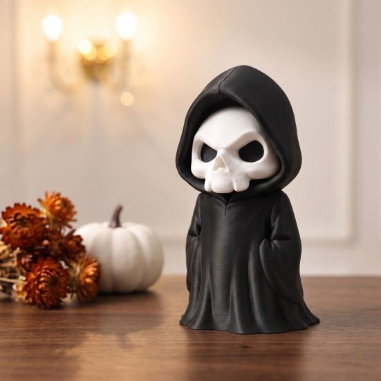 Horror Theme Party Supplies 3D Printed Grim Reaper Figurine, Gothic Black Robe Skeleton Statue, Figurine Mini Model Toy for Halloween Desktop