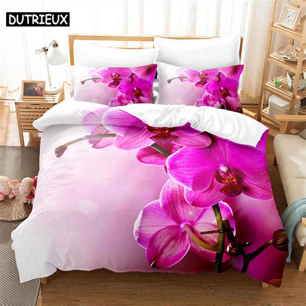 Pink Phalaenopsis Queen Bedding Set Girls Duvet Cover Bedroom Bed Set Comforter Cover Set King Size Duvet Cover Set Bedding Sets