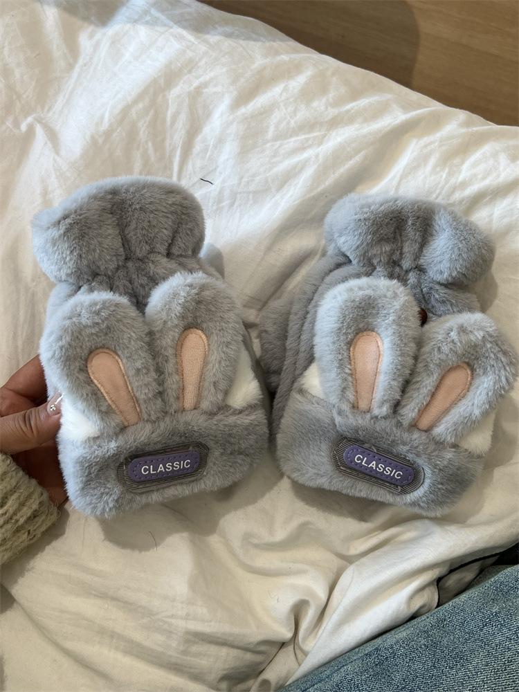 New warm and cold-proof cute rabbit flip open finger gloves female cartoon cute plush sleeves
