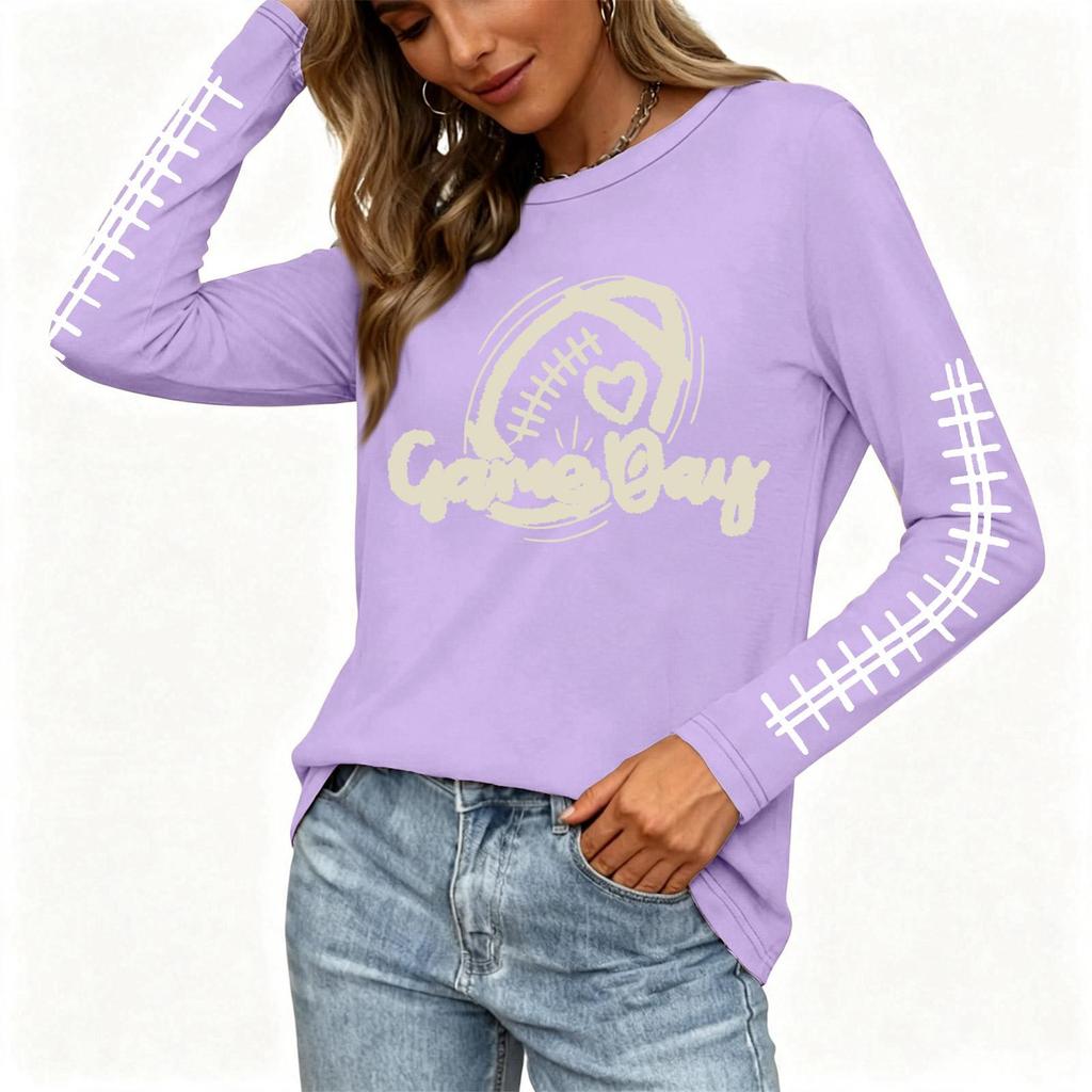 Women's Fashion Long Sleeve Neck Top with Rugby Graphic Print and Slit Hem