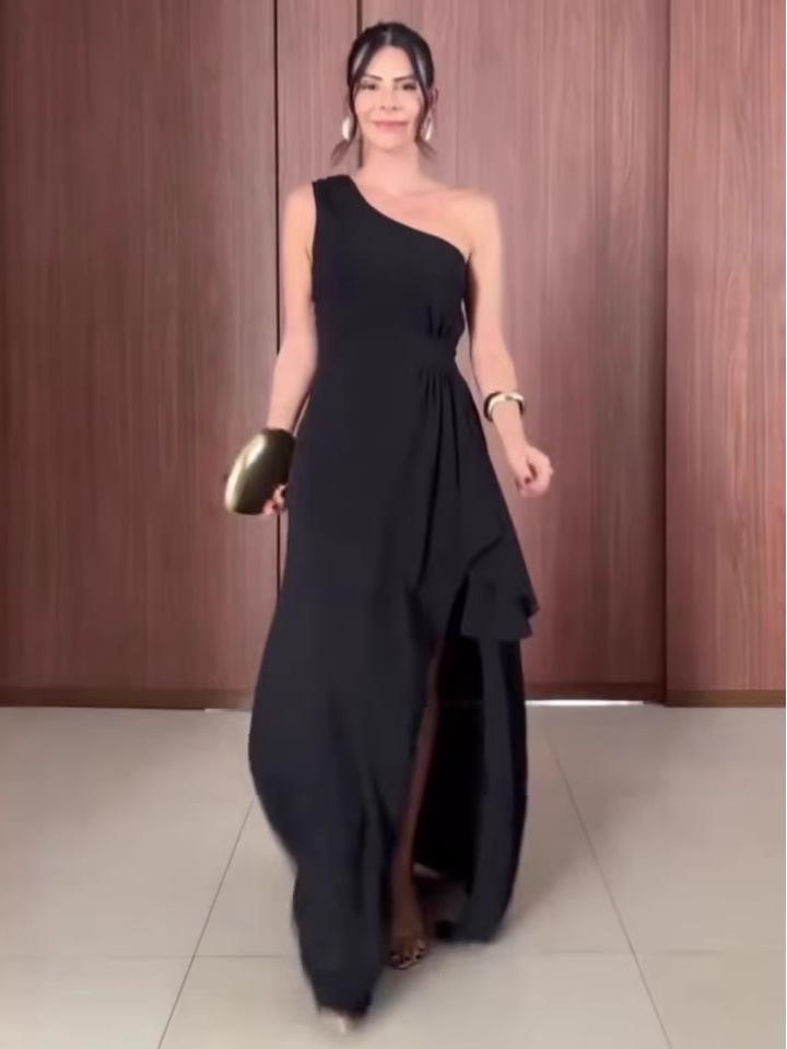 Autumn 2025 European & American Women's Black Asymmetrical Sleeveless Elegant Dress