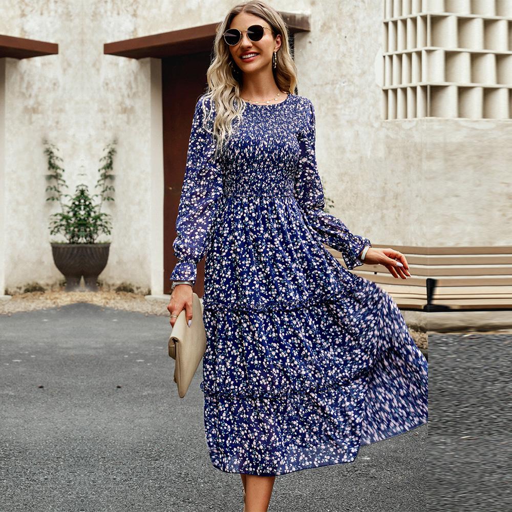 Dámské podzimní elegantní dlouhé potištěné šaty s lucernou s rukávem a vysokým pasem