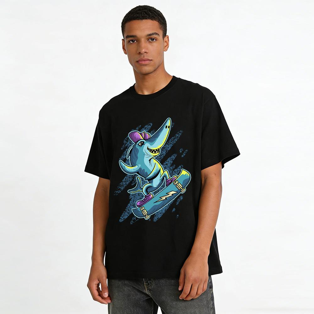 Street Style Skateboarding Shark Print Casual Short Sleeve Top Pure cotton T-shirt