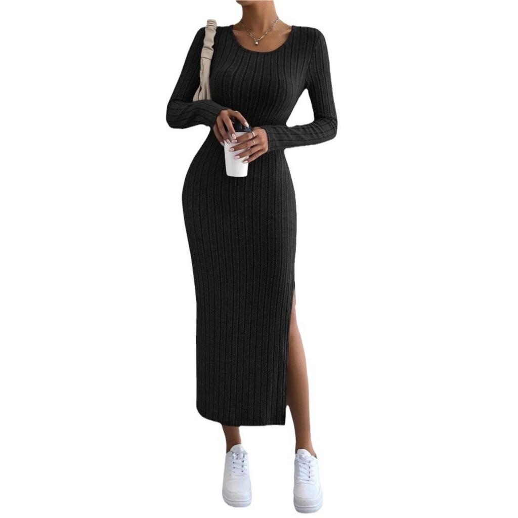 Fall Winter Women's Long Sleeve Crew Neck Slit Maxi Knit Dress, In Stock For Crossborder European American Size, Casual Long Dress For Women