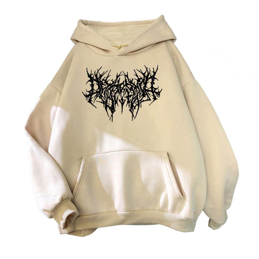 Fall Winter Unisex Hoodie Drawstring Elastic Cuff Thorn Print Thick Fleece Patch Pocket Loose Long Sleeves Pullover Warm Top