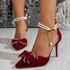 Fashion Pretty Big Bowtie Women Stiletto Heels Pumps Trend Luxury Sandals Red Pearls Buckle High Heels Ladies Wedding Dress Shoes Women