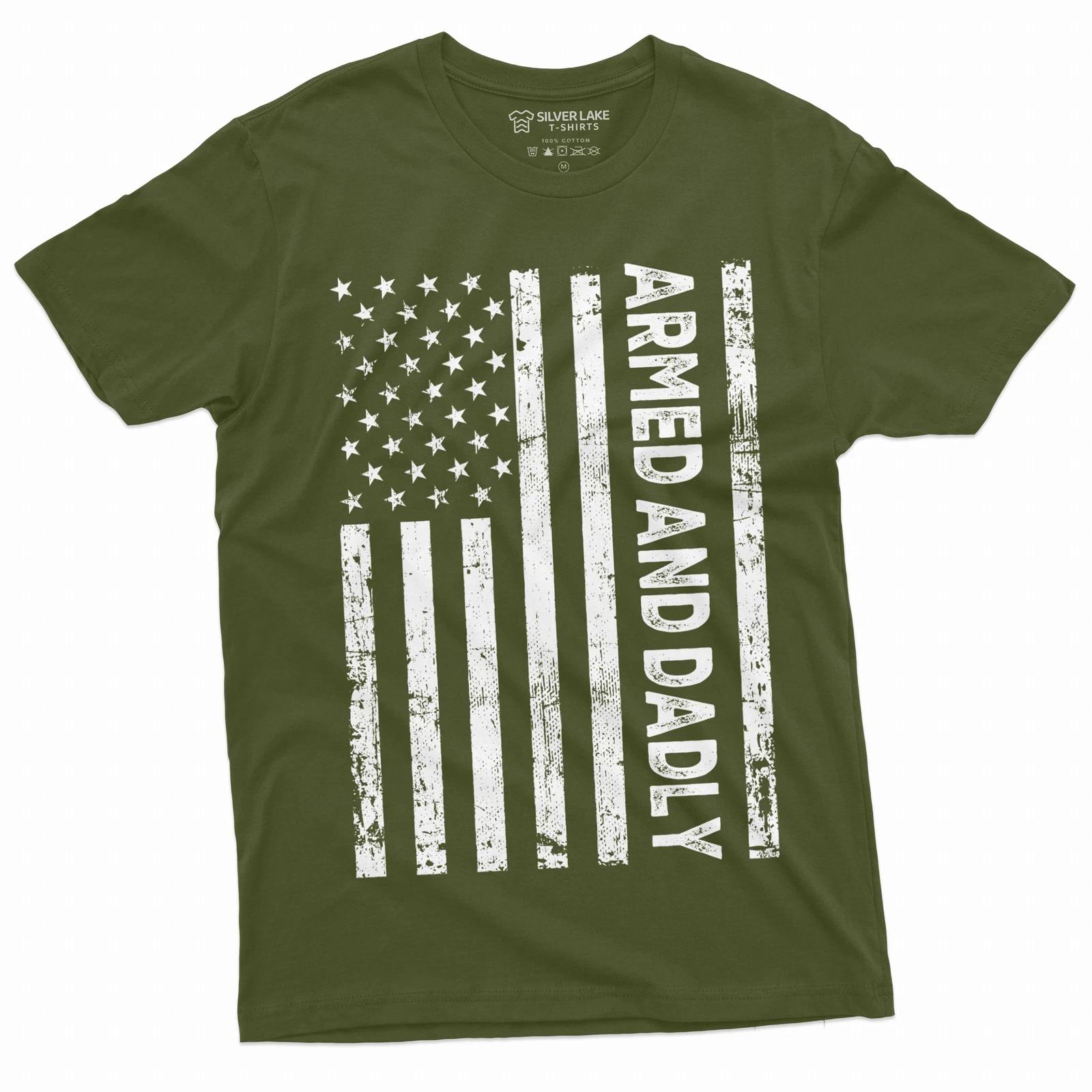 Men s Father s day T-shirt USA flag Armed and dadly Dad Father Patriotic tee S