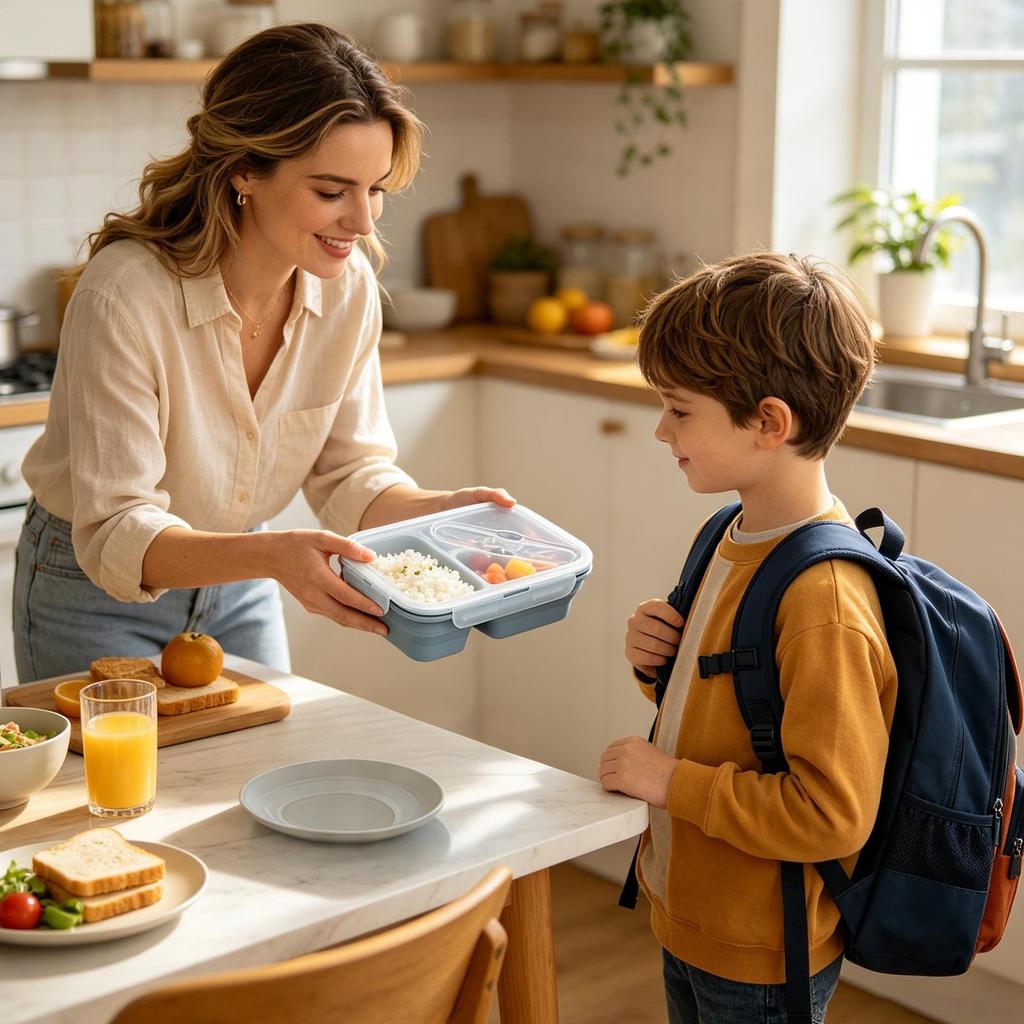 Silicone Lunch Box 2 Compartments Foldable Leak-Proof Bowl 1100ml Lunch Food Containers with Lid and Utensil for Work School