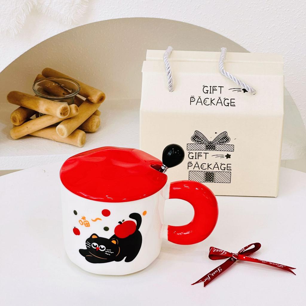 Personalized Large Capacity Cat Cartoon Cute Straw Cup Small Gift Box Set for Household Ceramic Cup High Value Mug