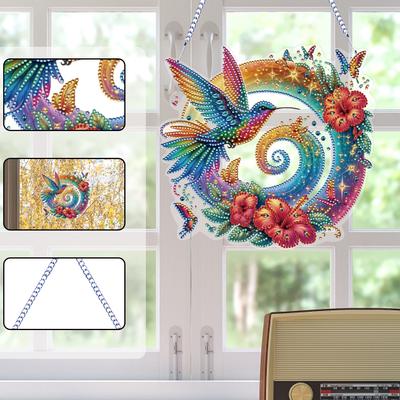 2D Flat Hummingbird DIY Hanging Diamond Art Kits Rhinestone Diamond Painting Set Diamond Art Pendant Wall Decor for Home Windows
