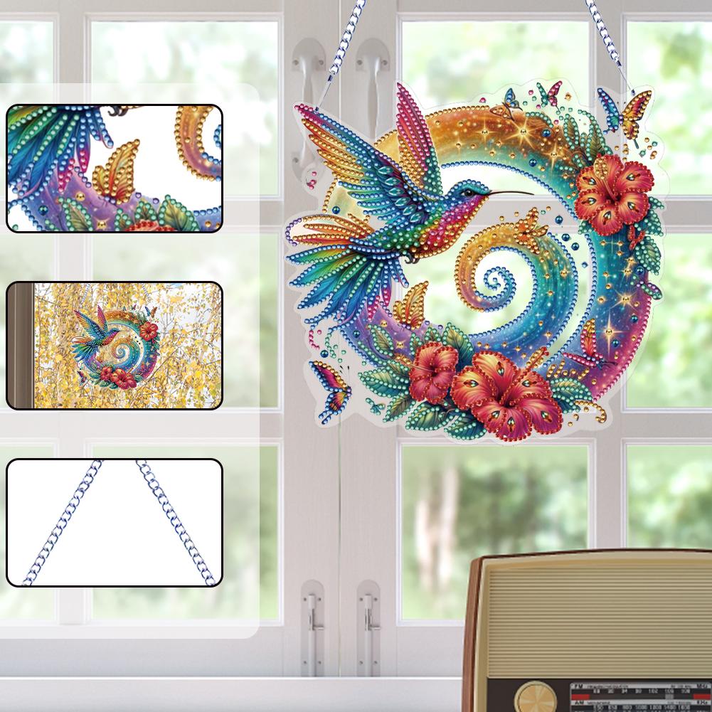 2D Flat Hummingbird DIY Hanging Diamond Art Kits Rhinestone Diamond Painting Set Diamond Art Pendant Wall Decor for Home Windows