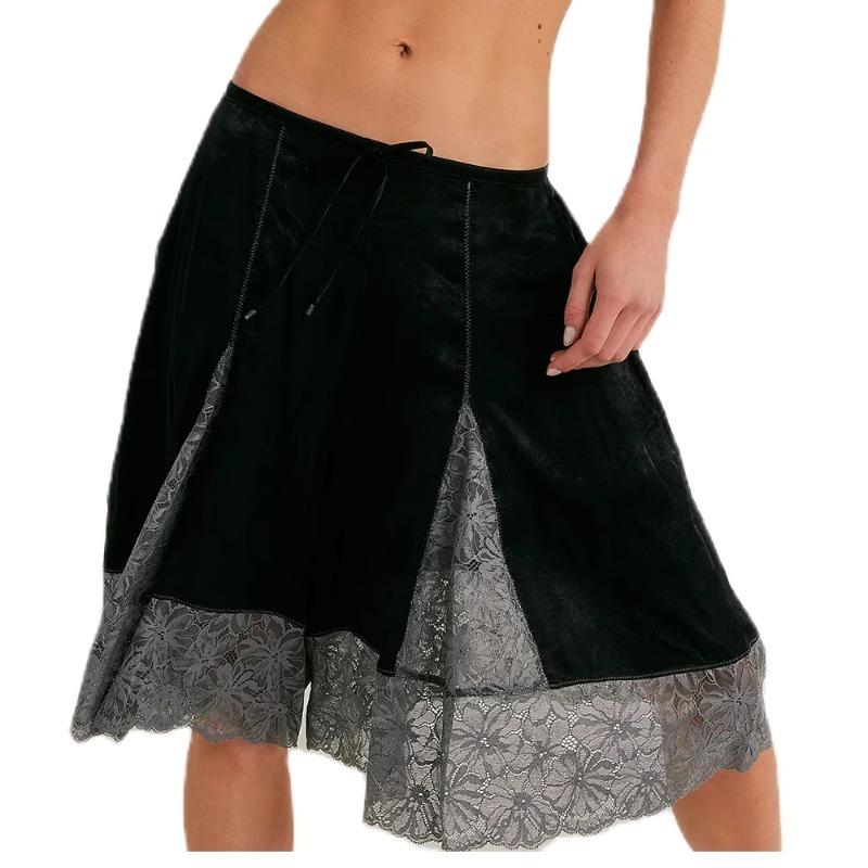 Women Y2k Lace Floral Bloomers Pants Silk Satin Patchwork Ruffles Coquette Half Slip Midi Pants Streetwear