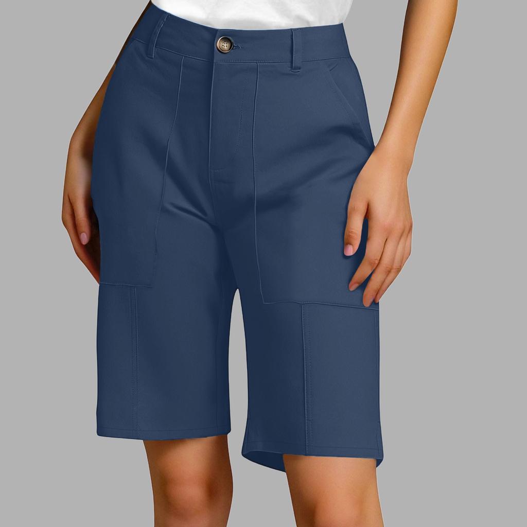 Women's Summer Casual Fashionable Loose And Comfortable Knee High Waisted Elastic Band Pocket Shorts