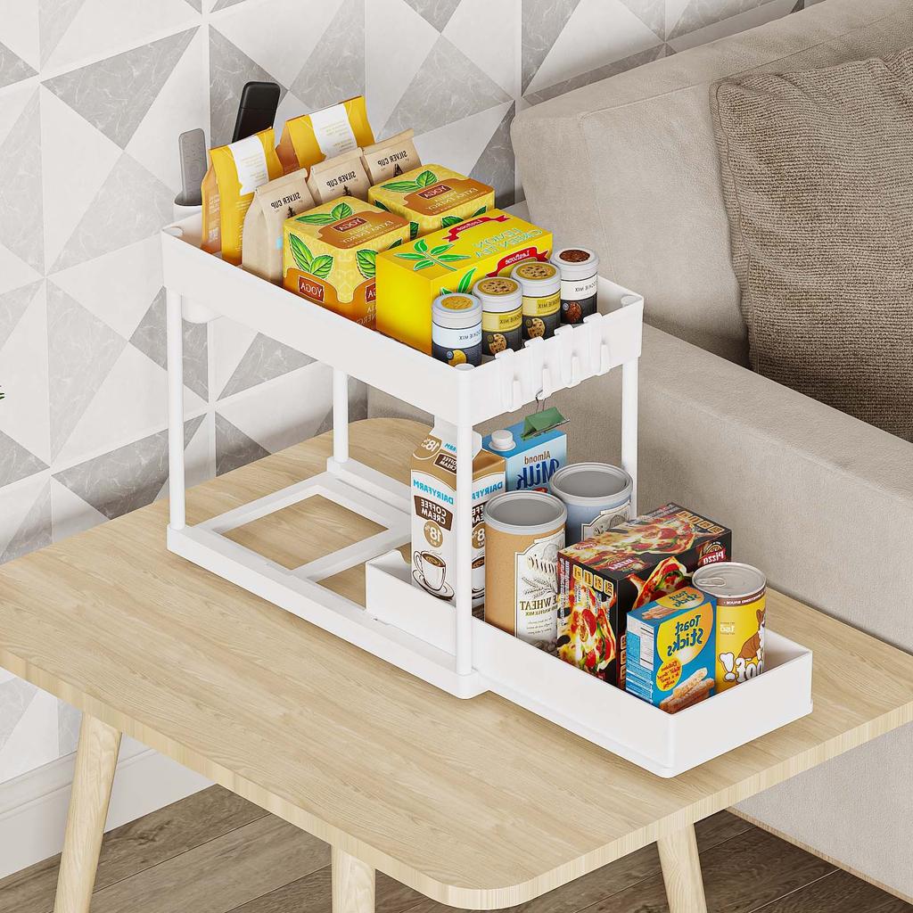 White Double-Layer Drawer Storage Rack, Multifunctional Storage Box with Hooks for Kitchen and Bathroom Countertop Sink Storage
