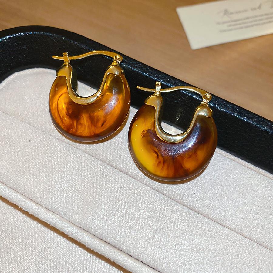 Autumn and Winter Retro Maillard Coffee Color Resin Tiger's Eye Earrings, Ear Buckles, Niche Earrings for Women