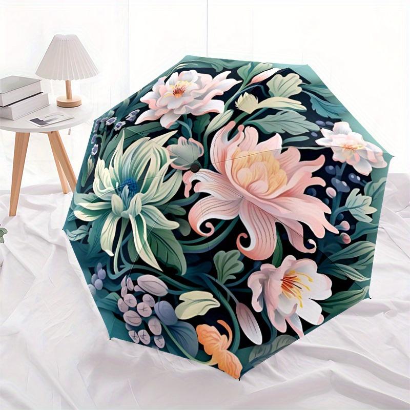 1pc Floral Garden Automatic Open/close Folding Compact Umbrella, 8-Rib Sturdy Canopy, Lightweight Portable, Everyday Use, Gift, Outdoor Umbrella, Trav