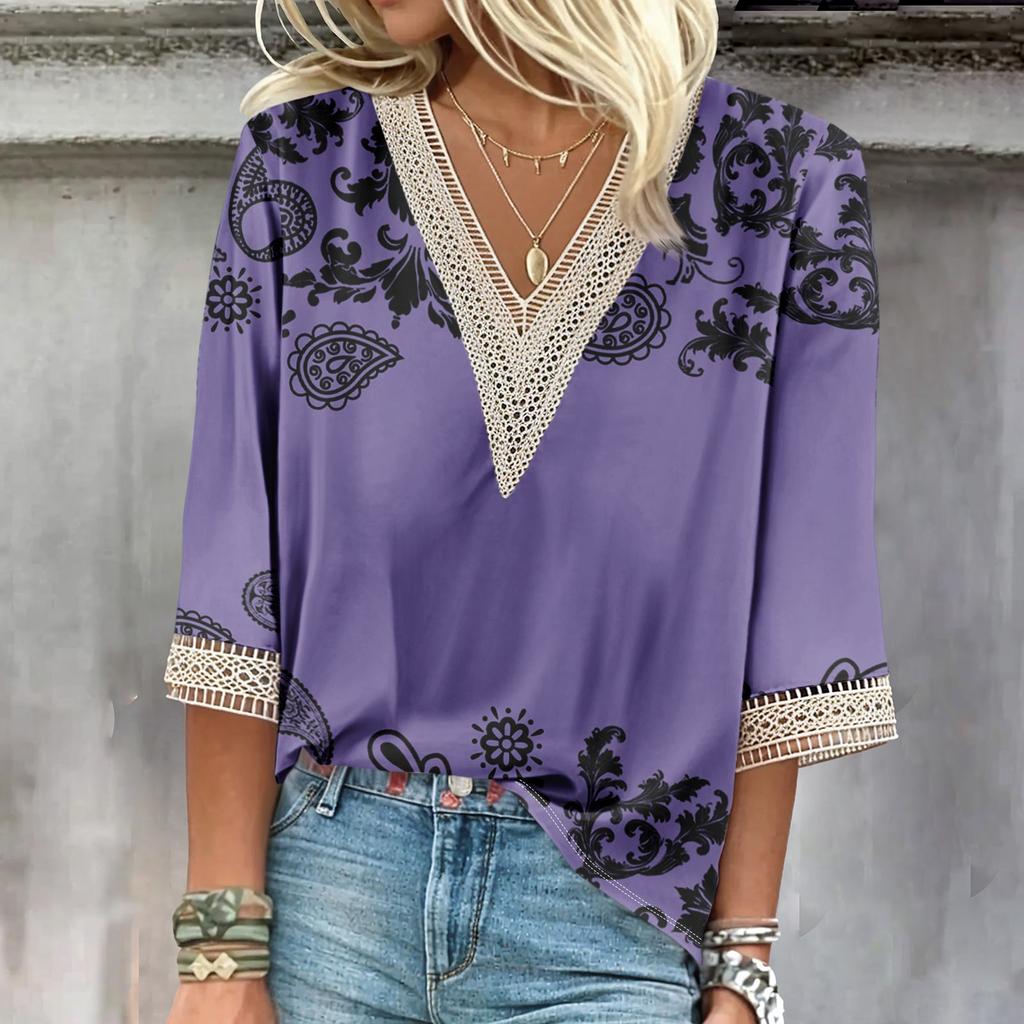 Damen Hemdbluse, lässig, lockere Hemden, 3/4-Ärmel, Spitzendruck, V-Ausschnitt, Oberteile, bedruckte Oberteile, T-Shirts, Tee