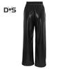 Women Flared Pants Slim High Waist Loose Pockets Faux Leather Elastic Waist Wide Leg Streetwear Solid Color Trousers for Work Leisure Daily Wear