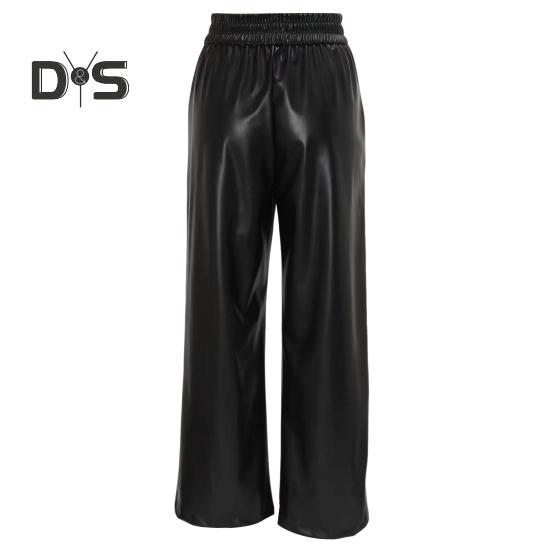 Women Flared Pants Slim High Waist Loose Pockets Faux Leather Elastic Waist Wide Leg Streetwear Solid Color Trousers for Work Leisure Daily Wear