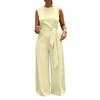 Womens Sleeveless Jumpsuit Wide Leg Casual Solid Color Round Neck Belted Waist Tie One Piece Romper