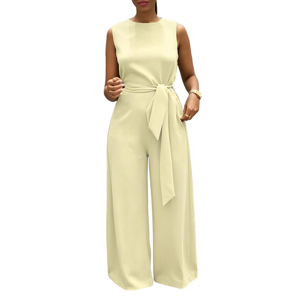 Womens Sleeveless Jumpsuit Wide Leg Casual Solid Color Round Neck Belted Waist Tie One Piece Romper