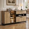 Modern minimalist storage cabinet with double doors, open shelf, glass shelves and interior partitions for living room, dining room and office.