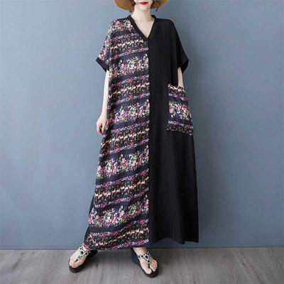 Ladies' Striped Patchwork Artistic Style Long Dress Retro Robe