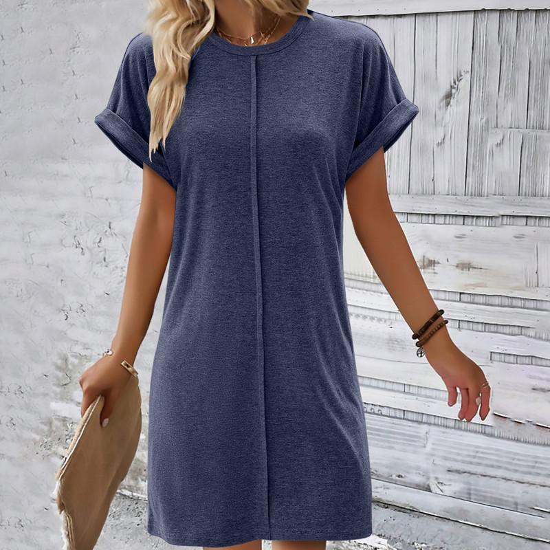 

Весенне-летняя женская мода с круглым вырезом, однотонные свободные платья с короткими рукавами S темно-синий