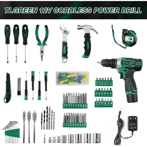 138 Pieces -Tool Kit Box Drill Set Home Mechanic Toolbox with 12V Power Cordless Drill Hand Repair Tools Sets Combo Kits
