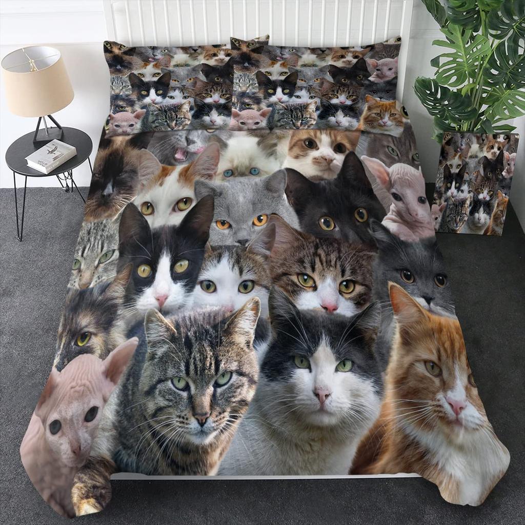 Sada povlečení s kočkami, Šedobílá sada ložního prádla s kočkami, Kreslená sada přikrývky s kočkami, Dívčí Kawaii sada povlaku na přikrývku s kočkami Full King Size