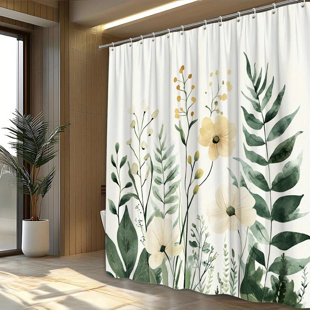 Elegant Watercolor Floral Shower Curtain - White, Pale Yellow & Orange Flowers On Dark Green, Minimalist Design, Polyester