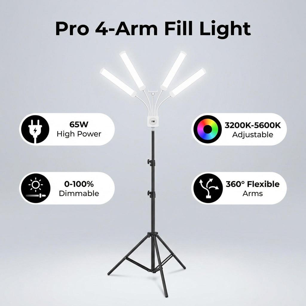 Luce LED Flessibile a 4 Bracci 3200K 5600K Rotazione a 360 gradi Luce di Riempimento Dimmerabile per Fotografia Live Streaming