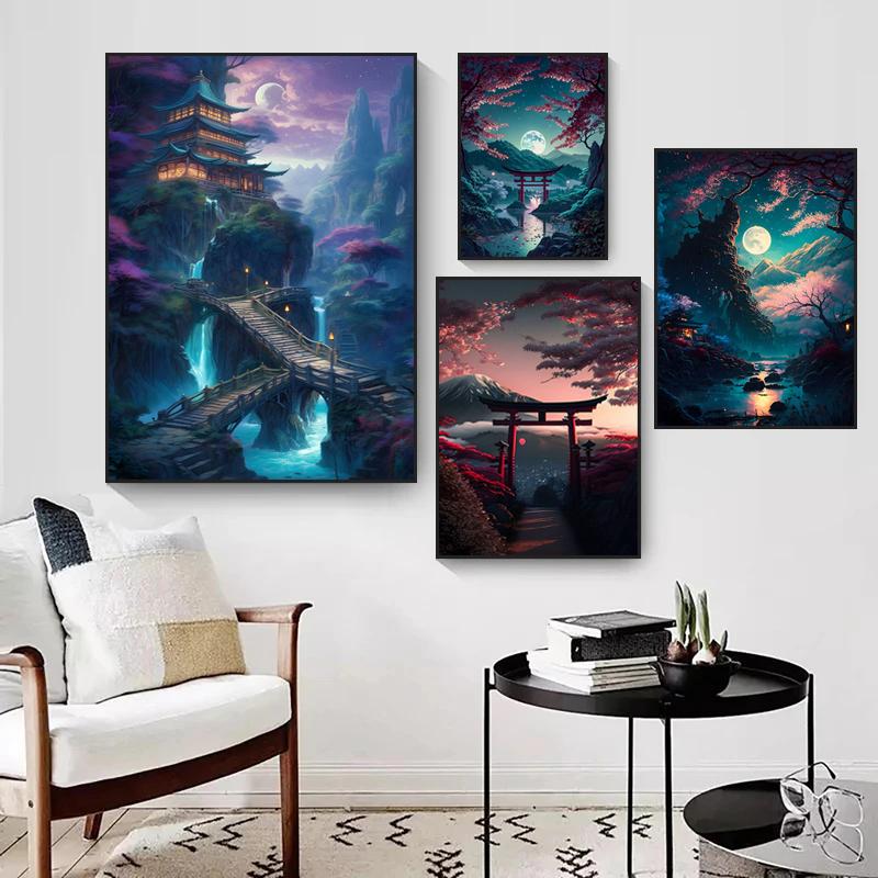 Abstract Art Japanese Fuji Mountain Poster Canvas Cyberpunk Landscape Corridor Wall Decor Picture Living Room Mural